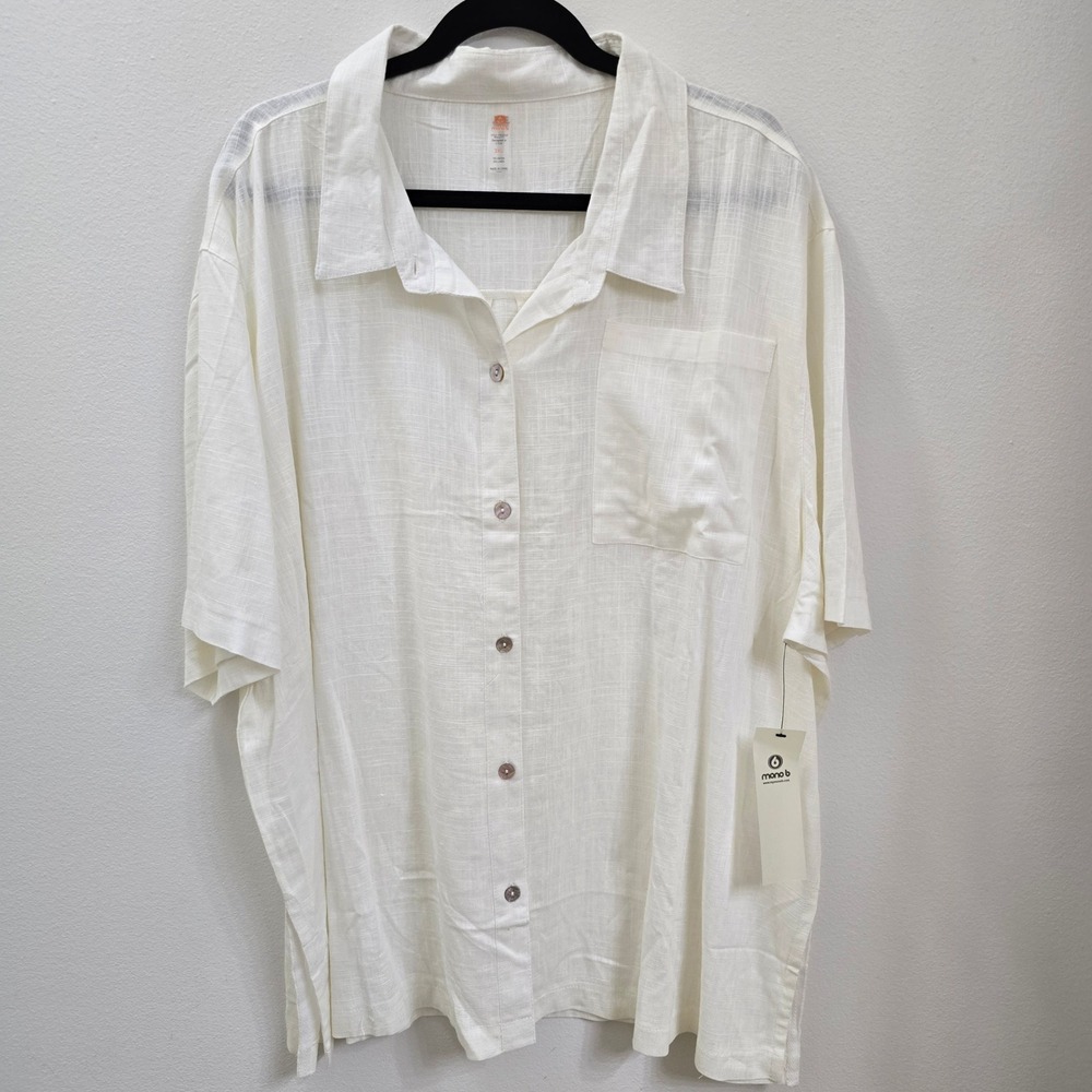 Mono B Womens 3XL Linen Blend Button Down Shirt Short Sleeve Off White